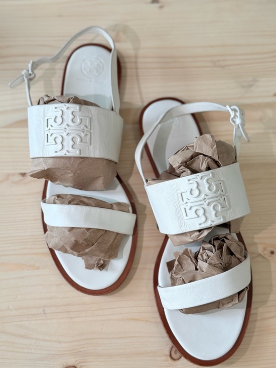Tory Burch Shoes - Tory Burch White Leather Slingback Logo Sandals
